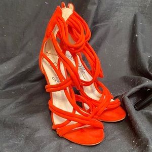 Red Velvet Strap Stiletto Heeled Sandals by So Cute